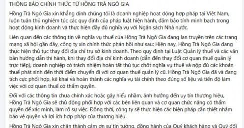 Khoản nợ thuế 20 tỷ đồng của Hồng Trà Ngô Gia: Doanh nghiệp nói gì?