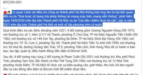 Tìm bị hại vụ “Bitcoin DeFi”