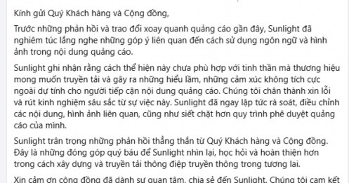 Sunlight Việt Nam xin lỗi sau quảng cáo “liếm món mẹ nấu” gây tranh luận trên MXH