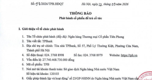 TPBank chốt ngày trả cổ tức tiền mặt và cổ phiếu tỷ lệ 20%