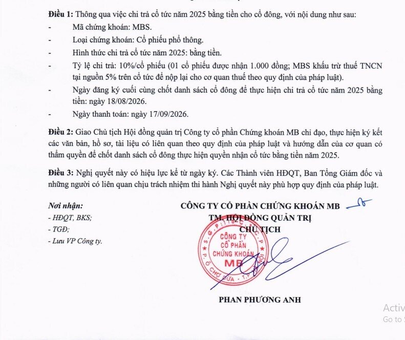 Không làm NĐT thất vọng: MBS chốt ngày chi hơn 1.000 tỷ đồng trả cổ tức 