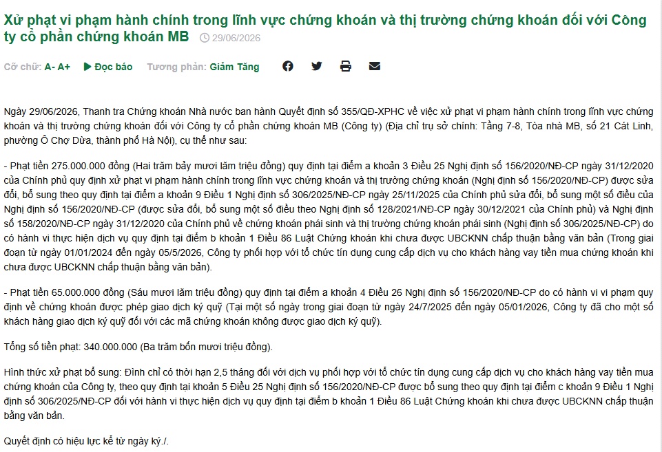 Nóng: Chứng khoán MB bị xử phạt vì hoạt động cho vay "kho"