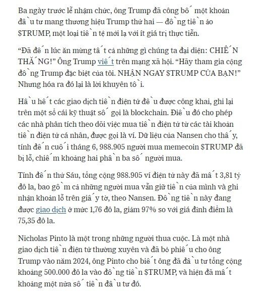 Mua coin của TT. Trump, gần 1 triệu NĐT nhận "trái đắng" hơn 3,8 tỷ USD