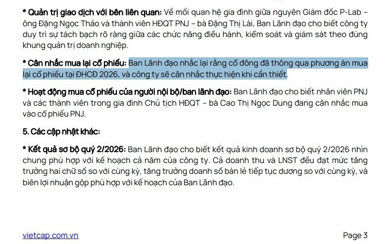 Bà Cao Thị Ngọc Dung: Gia đình đang cân nhắc mua vào cổ phiếu PNJ