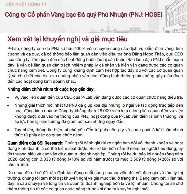 Cập nhật đáng chú ý: SSI hạ dự báo lợi nhuận PNJ xuống hơn 3.300 tỷ đồng cho năm 2026