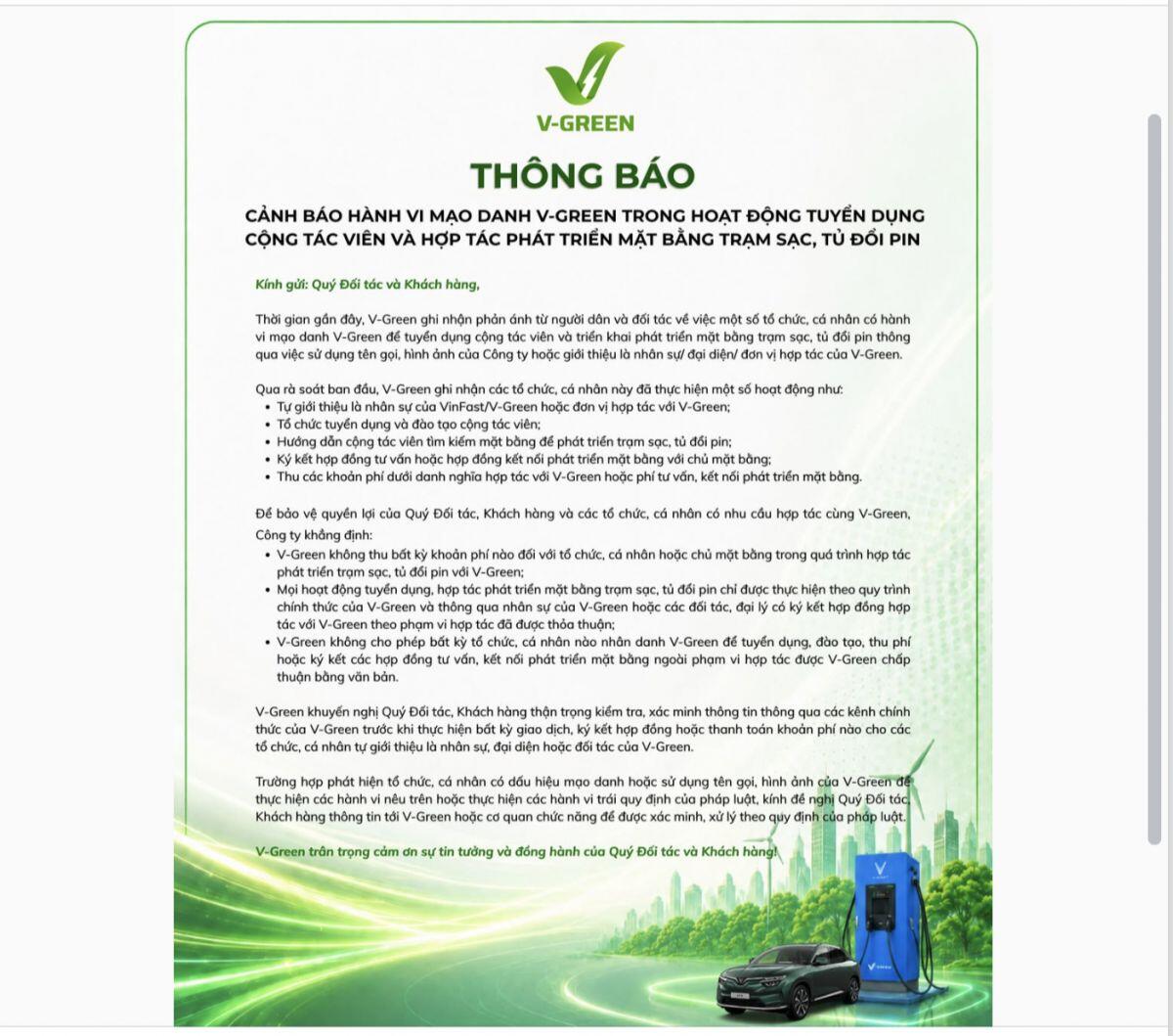 V-Green phát thông báo khẩn đến toàn bộ khách hàng
