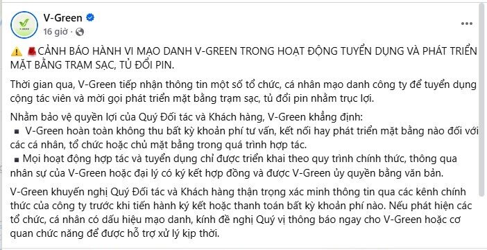 Công ty phát triển trạm sạc V-Green phát cảnh báo việc mạo danh