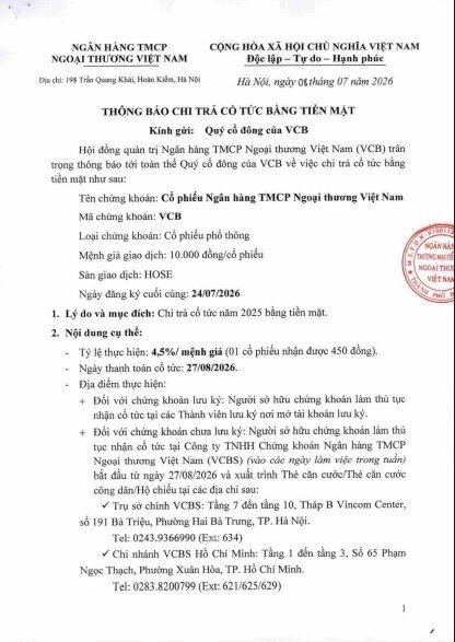 Vietcombank (VCB) chốt trả cổ tức tiền mặt, hơn 3.760 tỷ đồng sắp về tay cổ đông