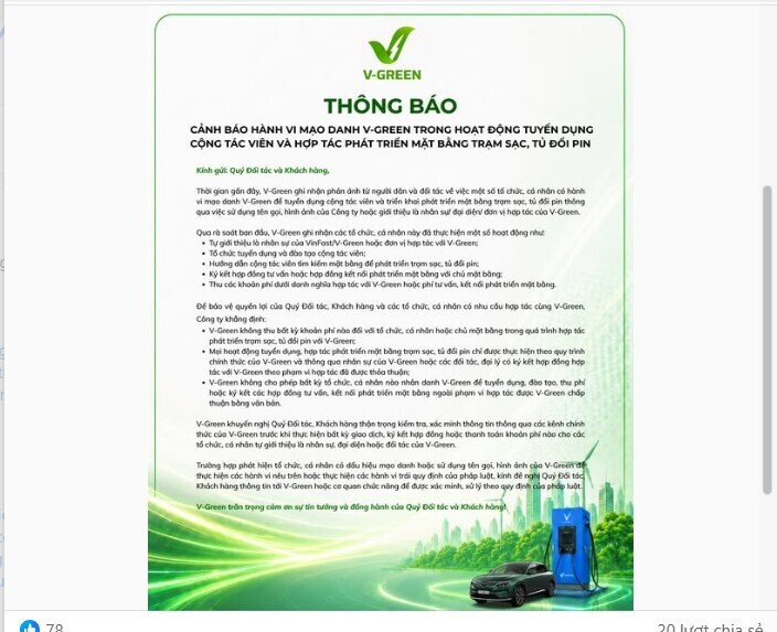 Công ty phát triển trạm sạc V-Green phát cảnh báo việc mạo danh