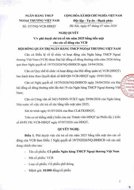 Vietcombank (VCB) chốt trả cổ tức tiền mặt, hơn 3.760 tỷ đồng sắp về tay cổ đông