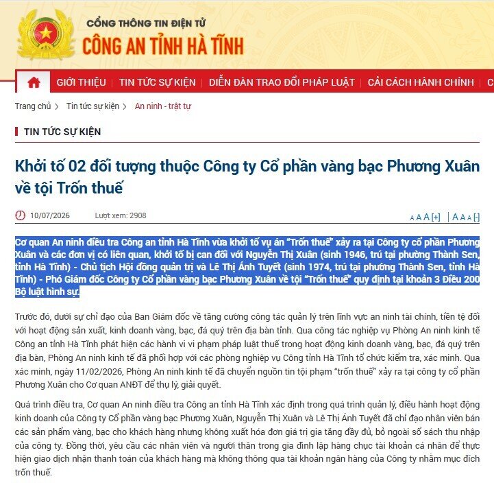 Khởi tố Chủ tịch và Phó Giám đốc một công ty kinh doanh vàng bạc