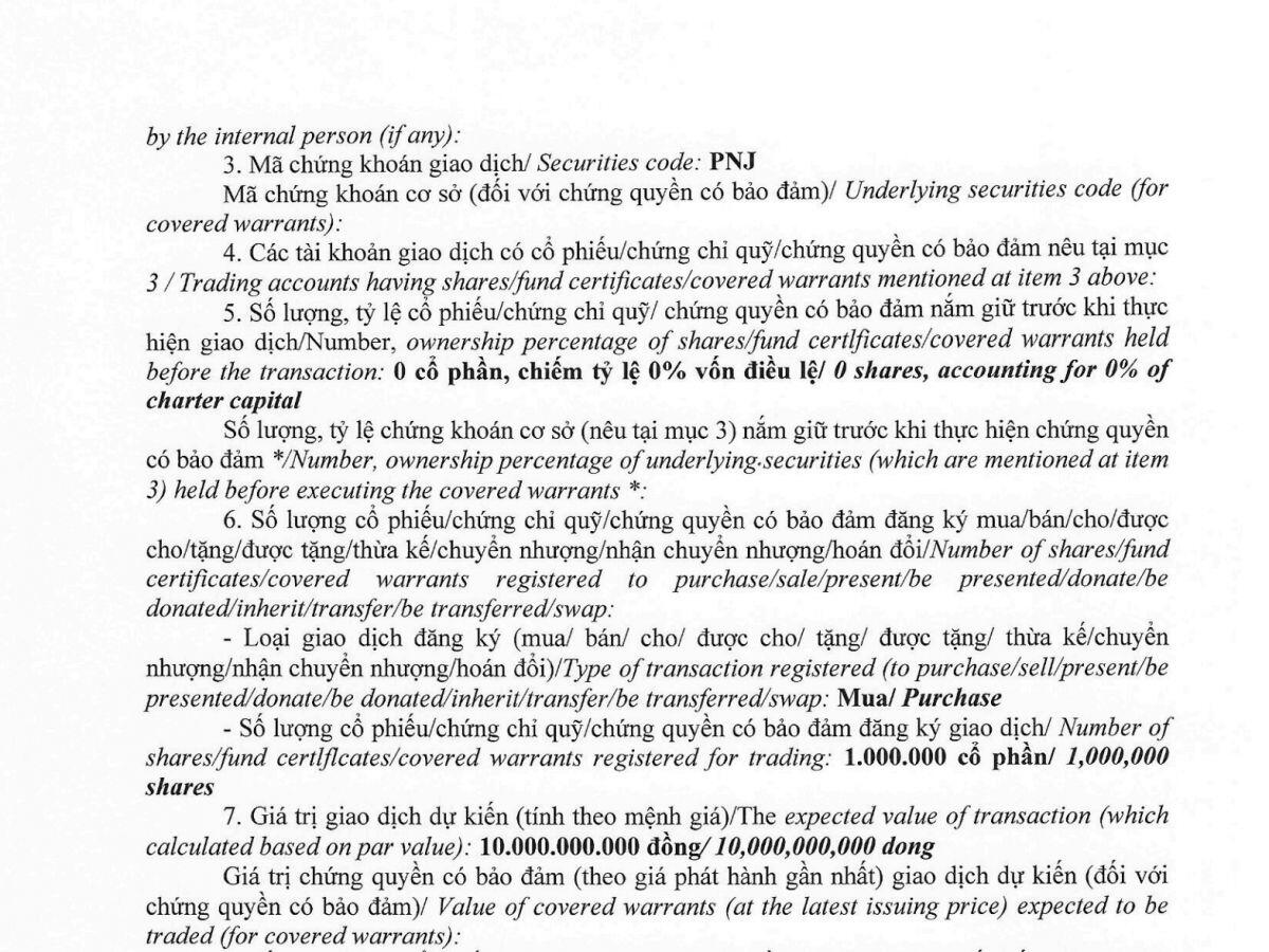 Tổng Giám đốc PNJ đăng ký mua 1 triệu cổ phiếu