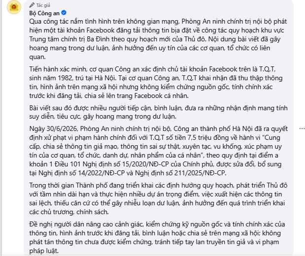 Xử phạt người đăng tải thông tin sai sự thật về quy hoạch khu Trung tâm chính trị Ba Đình