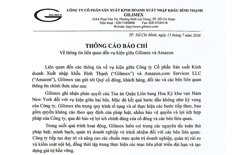 Tòa án Mỹ bác bỏ vĩnh viễn vụ kiện Amazon 840 triệu USD, Gilimex chính thức lên tiếng