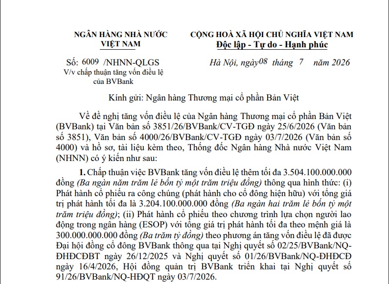 Trước thềm niêm yết HSX, BVBank được NHNN chấp thuận tăng vốn điều lệ thêm hơn 3.500 tỷ đồng