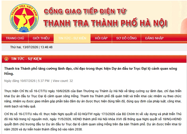 Thanh tra Hà Nội tăng cường thanh, kiểm tra siêu dự án Đại lộ cảnh quan sông Hồng