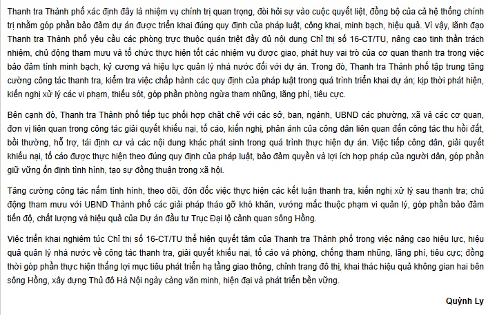 Thanh tra Hà Nội tăng cường thanh, kiểm tra siêu dự án Đại lộ cảnh quan sông Hồng