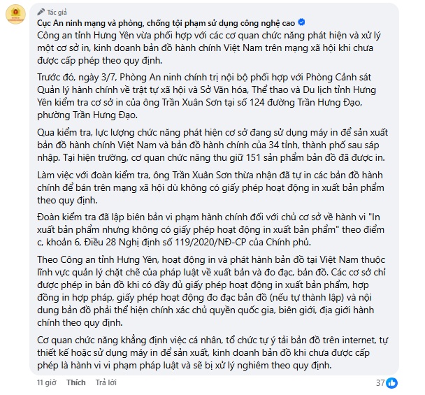 Tự in bản đồ hành chính Việt Nam bán trên Facebook, chủ cơ sở bị xử lý