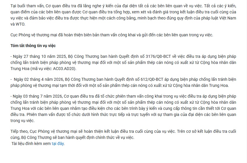 Nóng: Bộ Công Thương điều trần vụ áp thuế HRC, doanh nghiệp Trung Quốc lên tiếng