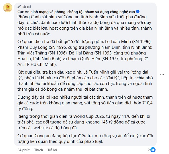 Triệt phá đường dây cá độ hơn 710 tỷ đồng, "tổng đại lý" 9X sa lưới