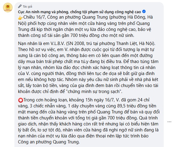 Phá két sắt, bán vàng của gia đình để "chứng minh vô tội", nữ sinh lớp 12 suýt sập bẫy lừa đảo