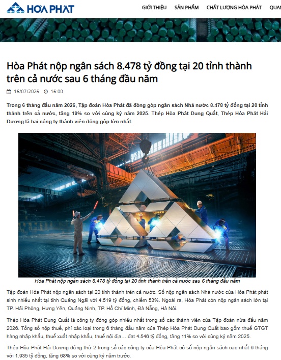 Hòa Phát nộp ngân sách 8.478 tỷ đồng tại 20 tỉnh thành trên cả nước sau 6 tháng đầu năm