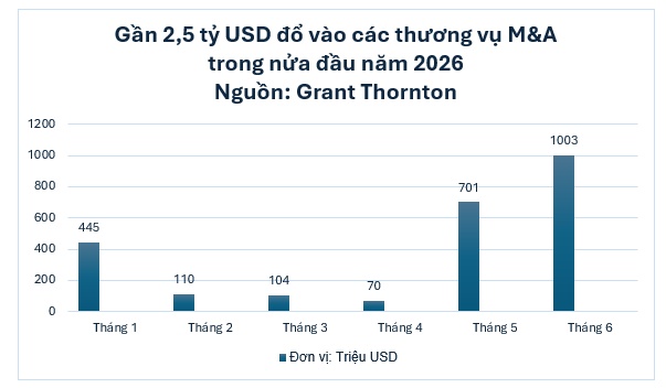 Gần 2,5 tỷ USD giao dịch M&A sau 6 tháng đầu năm