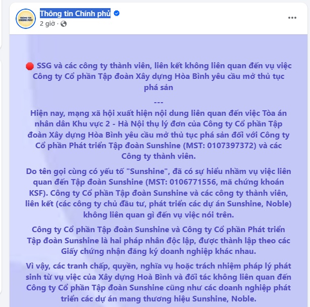 Sunshine Group chính thức lên tiếng về vụ việc Xây dựng Hòa Bình yêu cầu mở thủ tục phá sản