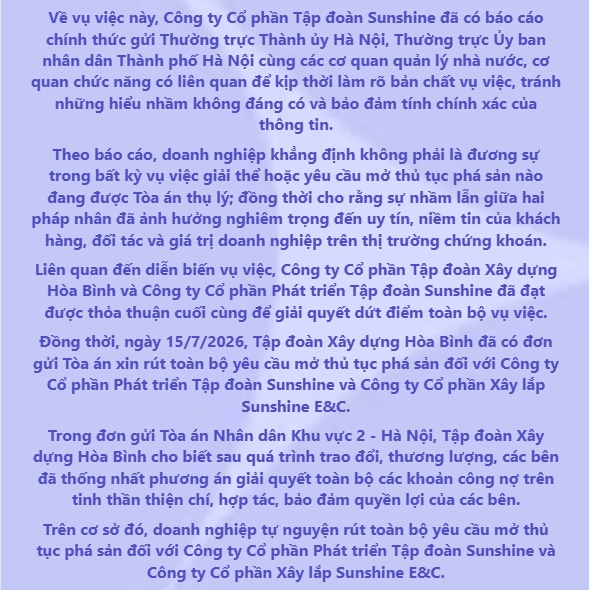 Sunshine Group chính thức lên tiếng về vụ việc Xây dựng Hòa Bình yêu cầu mở thủ tục phá sản