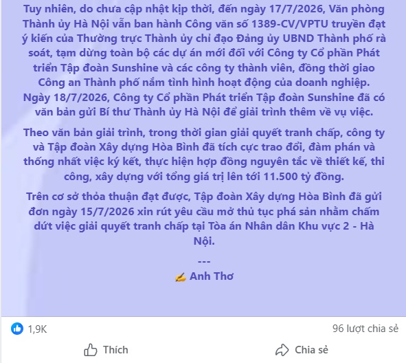 Sunshine Group chính thức lên tiếng về vụ việc Xây dựng Hòa Bình yêu cầu mở thủ tục phá sản