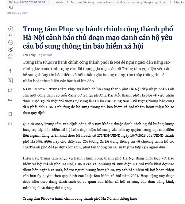 Hà Nội cảnh báo thủ đoạn lừa đảo nhắm vào người cao tuổi nhận lương hưu