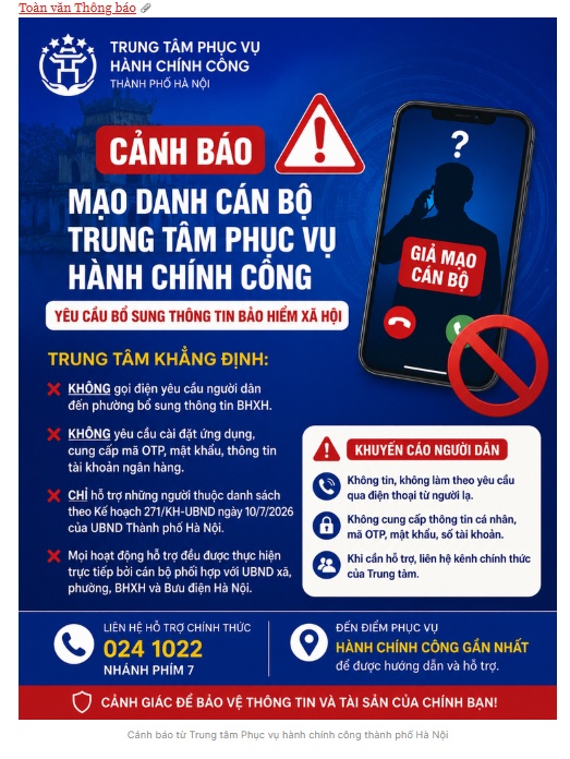 Hà Nội cảnh báo thủ đoạn lừa đảo nhắm vào người cao tuổi nhận lương hưu
