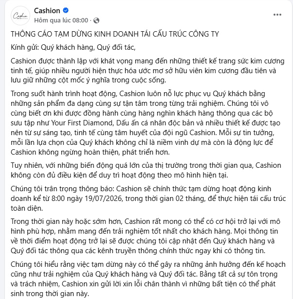 Một chuỗi cửa hàng kim cương Cashion tạm dừng kinh doanh