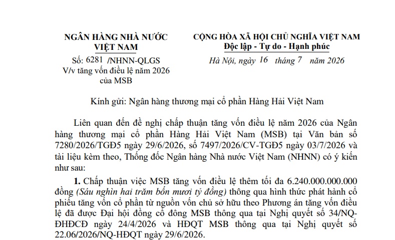MSB được chấp thuận phát hành 624 triệu cổ phiếu để trả cổ tức