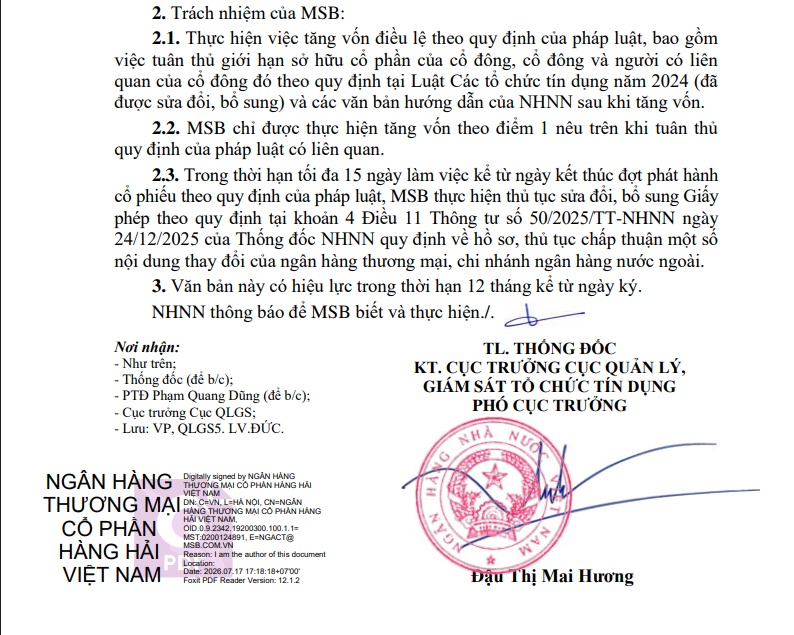 MSB được chấp thuận phát hành 624 triệu cổ phiếu để trả cổ tức
