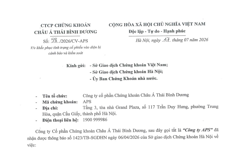 Chứng khoán APEC (APS) khắc phục tình trạng chứng khoán bị cảnh báo và kiểm soát ra sao?