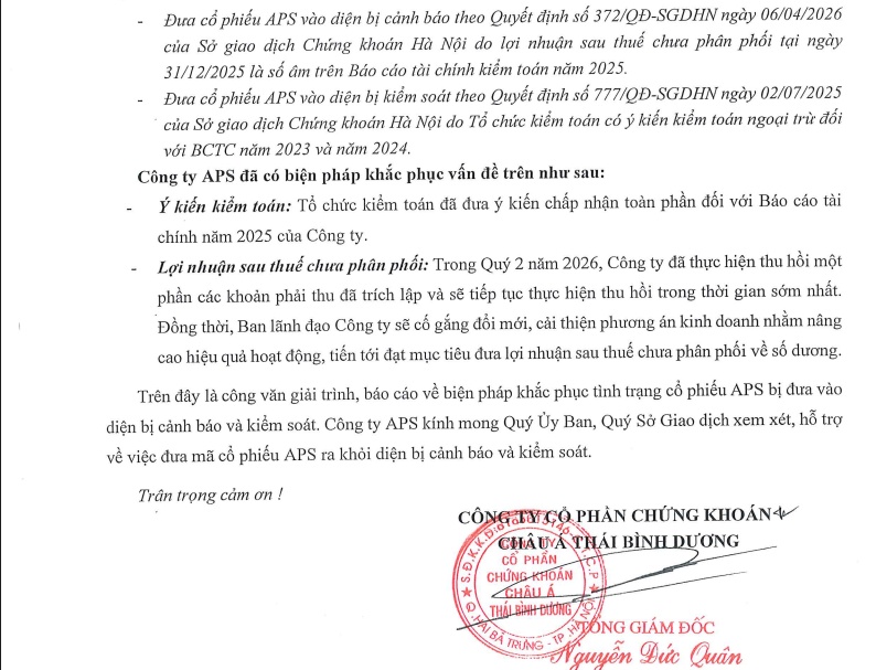 Chứng khoán APEC (APS) khắc phục tình trạng chứng khoán bị cảnh báo và kiểm soát ra sao?