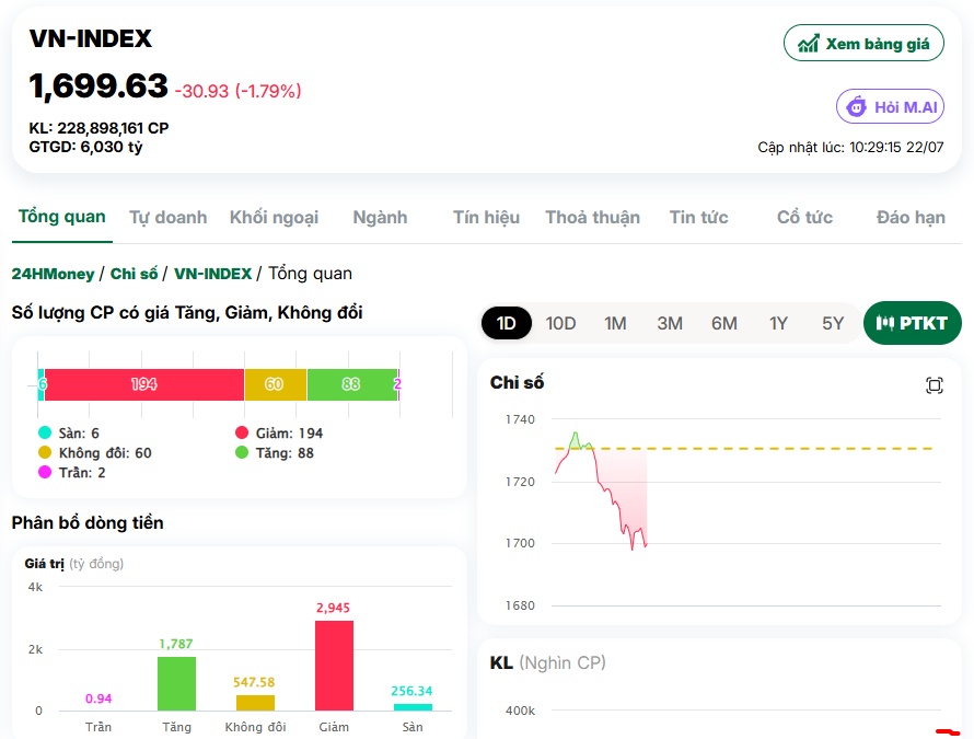 VN-Index thủng 1.700 điểm, hàng loạt bluechip đồng loạt giảm sâu