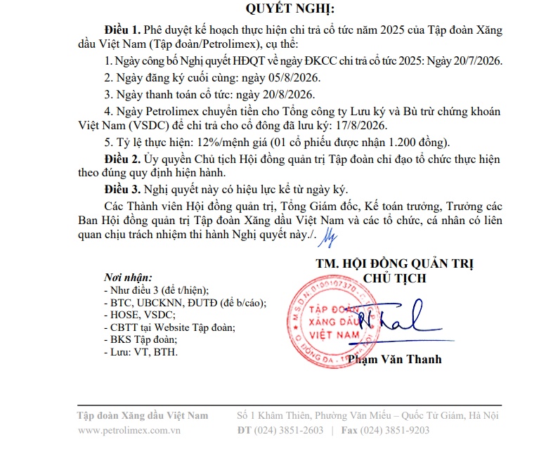 PLX chốt ngày chi hơn 1.500 tỷ đồng trả cổ tức