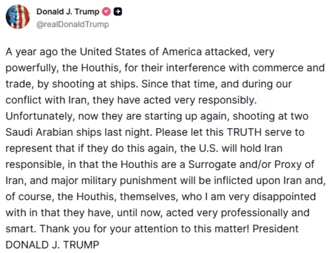 Trump cảnh báo Iran sau đòn tấn công ở Biển Đỏ