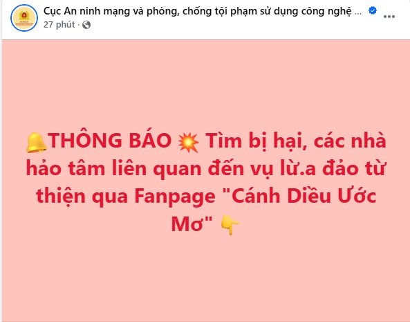 Công an phát thông báo khẩn: Tìm người từng chuyển tiền cho fanpage "Cánh Diều Ước Mơ"