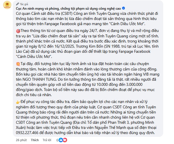Công an phát thông báo khẩn: Tìm người từng chuyển tiền cho fanpage "Cánh Diều Ước Mơ"