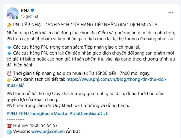 Khách hàng PNJ lưu ý: Muốn bán lại vàng, trang sức phải đúng cửa hàng và đúng khung giờ