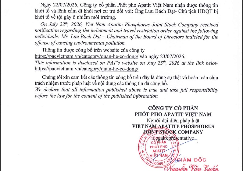 Khởi tố Chủ tịch công ty Phốt pho Apatit Việt Nam