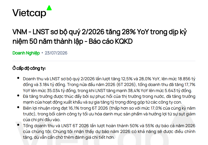 Lợi nhuận sơ bộ quý 2 Vinamilk (VNM) tăng gần 30%