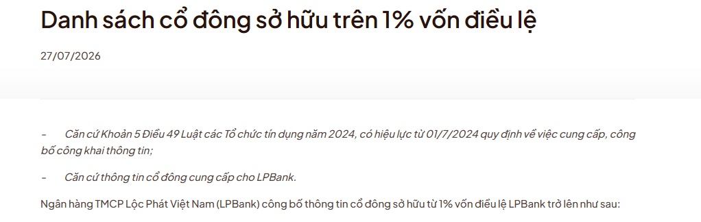 LPBank công bố danh sách cổ đông mới nhất sở hữu trên 1% vốn: Hai cá nhân sở hữu gần 10%
