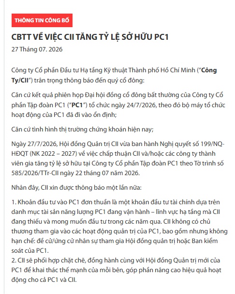 CII nói gì sau khi nắm hơn 10% vốn PC1?