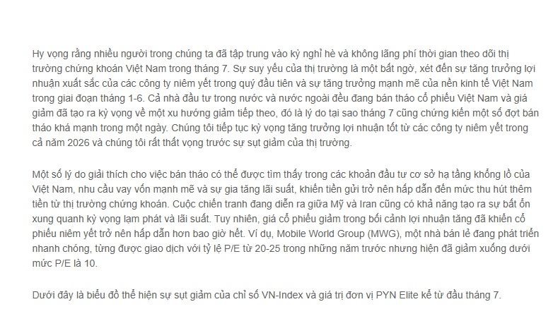 Một quỹ ngoại 'choáng váng' trước cú lao dốc của TTCK Việt: ‘Tháng 7 kinh hoàng’