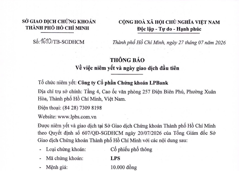 LPBS chốt ngày đưa hơn 1,4 tỷ cổ phiếu lên niêm yết trên HoSE