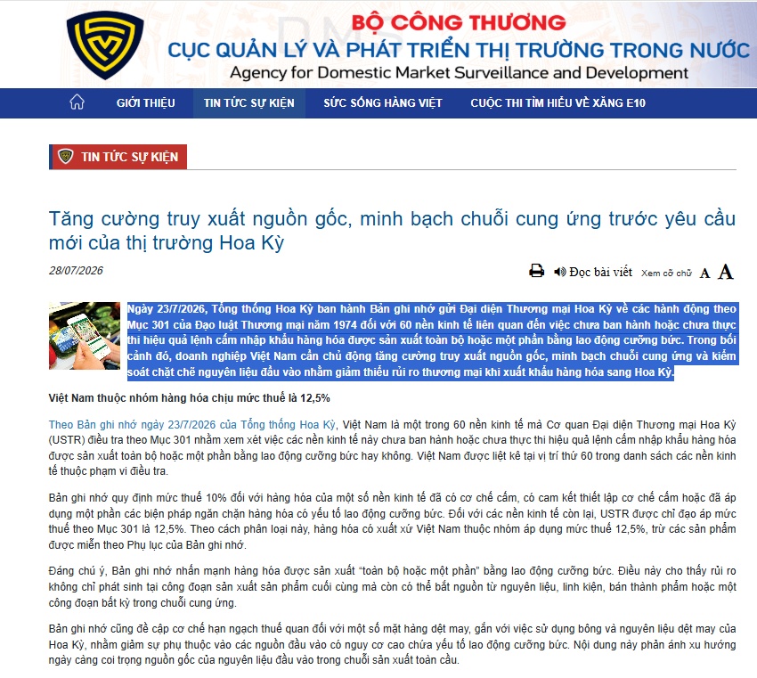Mỹ áp thuế 12,5%, Bộ Công Thương khuyến cáo DN Việt phải siết chặt nguồn gốc, minh bạch chuỗi cung ứng